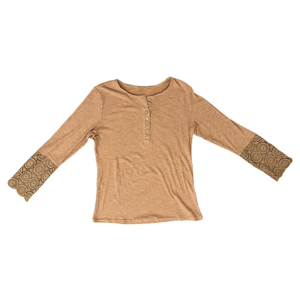 Unbranded women's beige/peach long sleeve pullover top size XL lace detail, 1/4